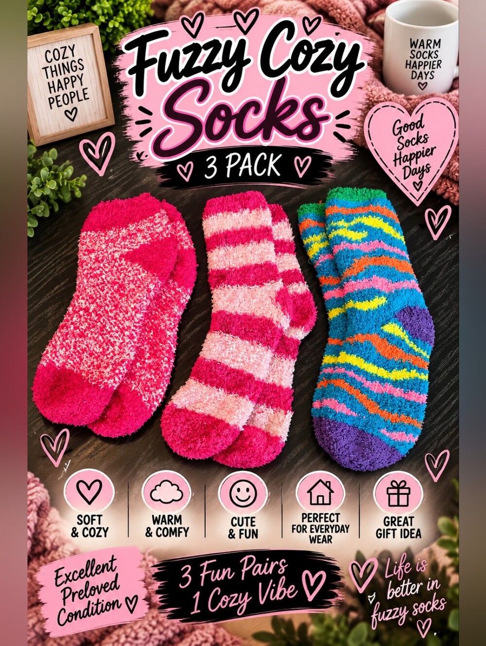 3 Pack Fuzzy Cozy Socks | Colorful Soft Plush Socks Excellent Preloved Condition